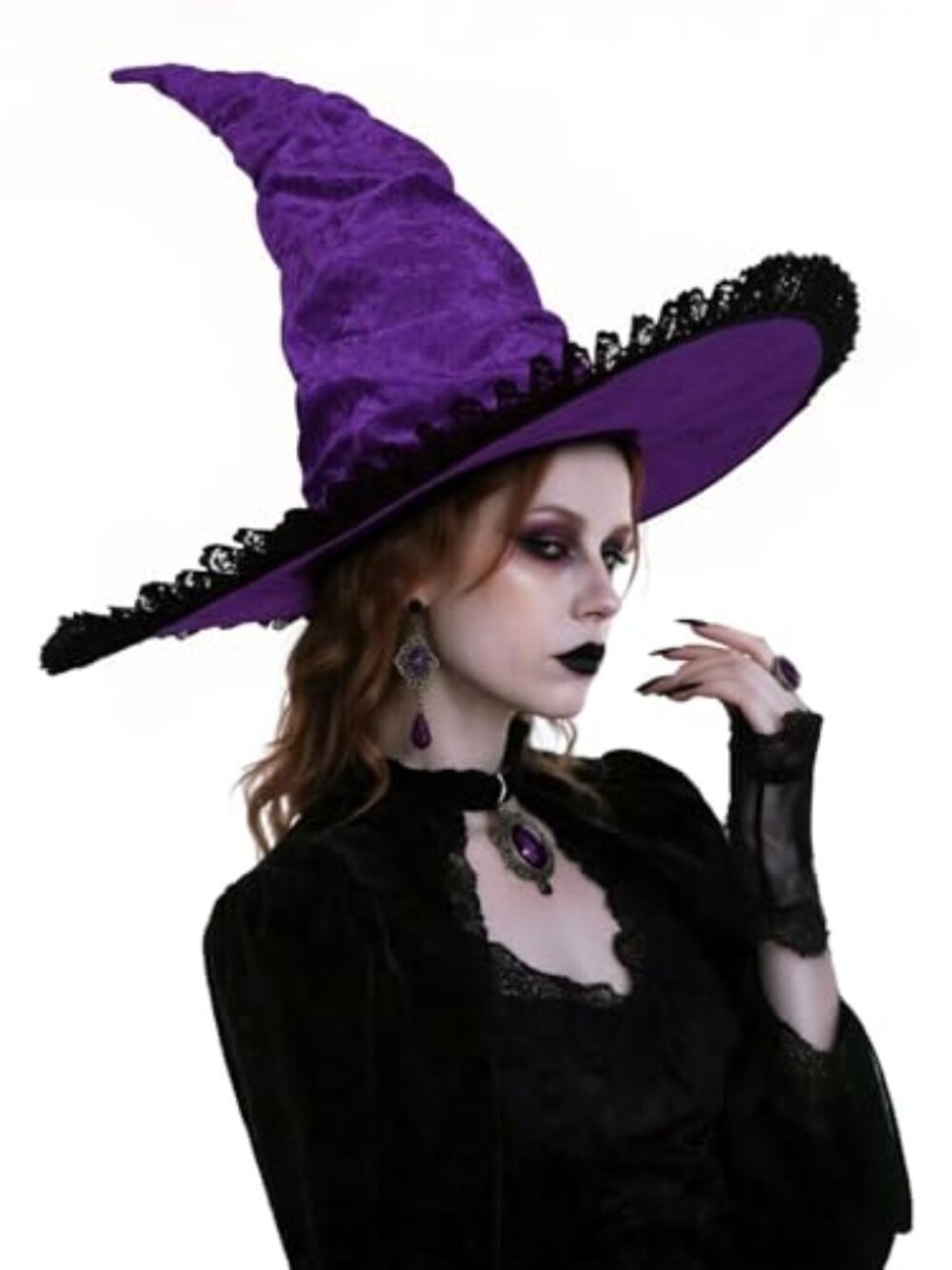 Women's Ruched Witch Hat with Double-Layer Lace Trim for Halloween